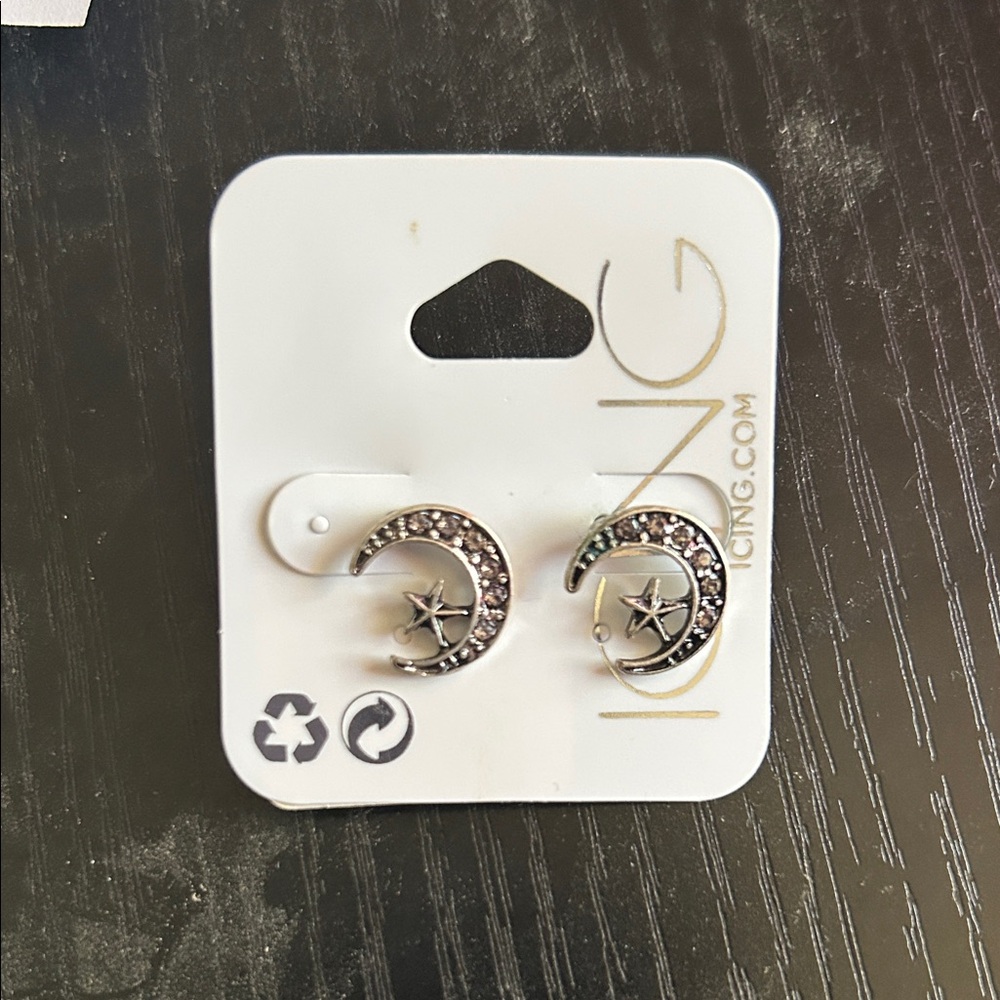 Icing Silver and Black Star Crescent Earrings